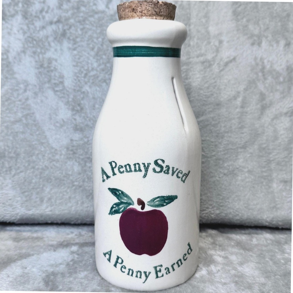 Stoneware Penny Bank Vintage Bottle Apple "A Penny Saved‎ A Penny Earned" Cork
